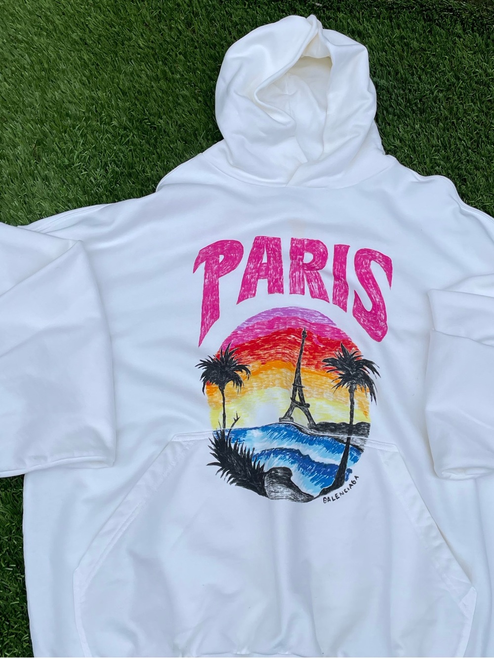 Balenciaga White Hoodie with Pink 'PARIS' Sunset Graphic